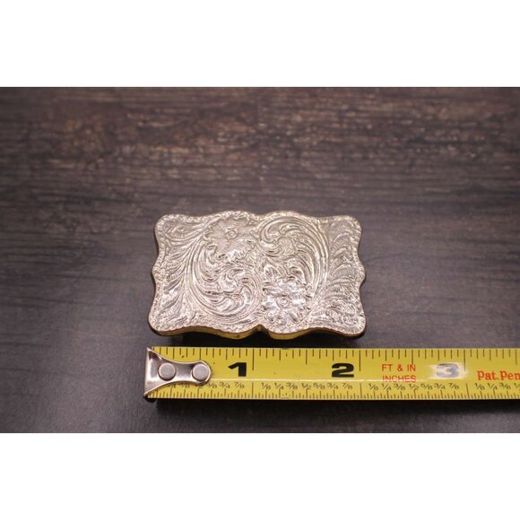 Western Scroll Ornate Belt Buckle Silver Tone Floral Embossed Rope Edge Vintage - Picture 5 of 7